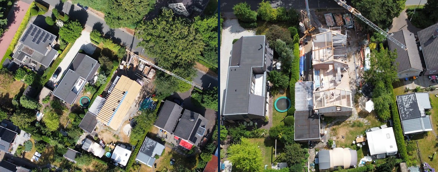 Twee luchtfoto's van de Selterskampweg in Apeldoorn: dakconstructie met steiger en het opheisen per kraan