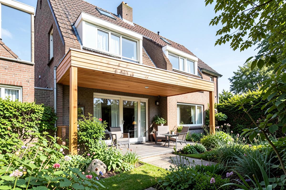 Houten overkapping aan de achterzijde van een woning met tuin in Apeldoorn