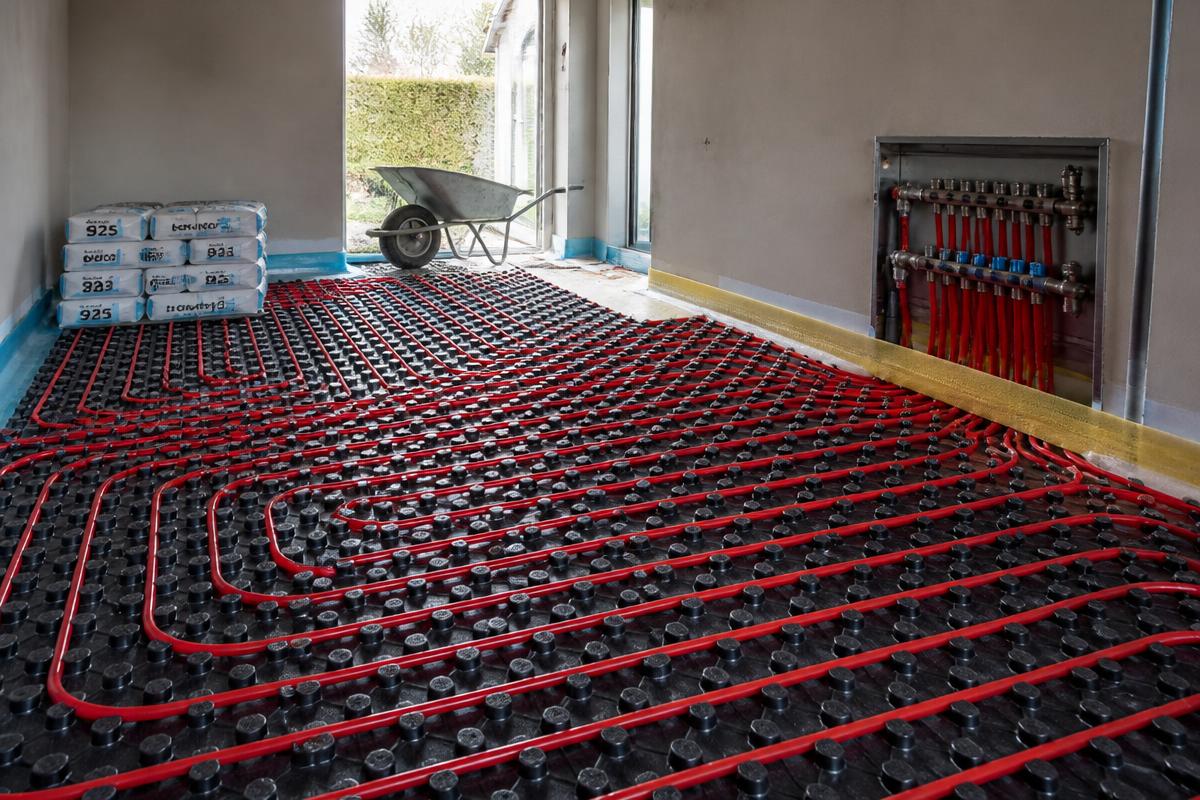 Vakmensen storten een cementdekvloer over vloerverwarmingsleidingen in een woning in Apeldoorn