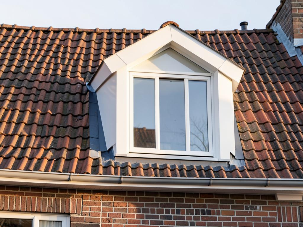 Nieuw geplaatste dakkapel met witte kozijnen op een pannendak