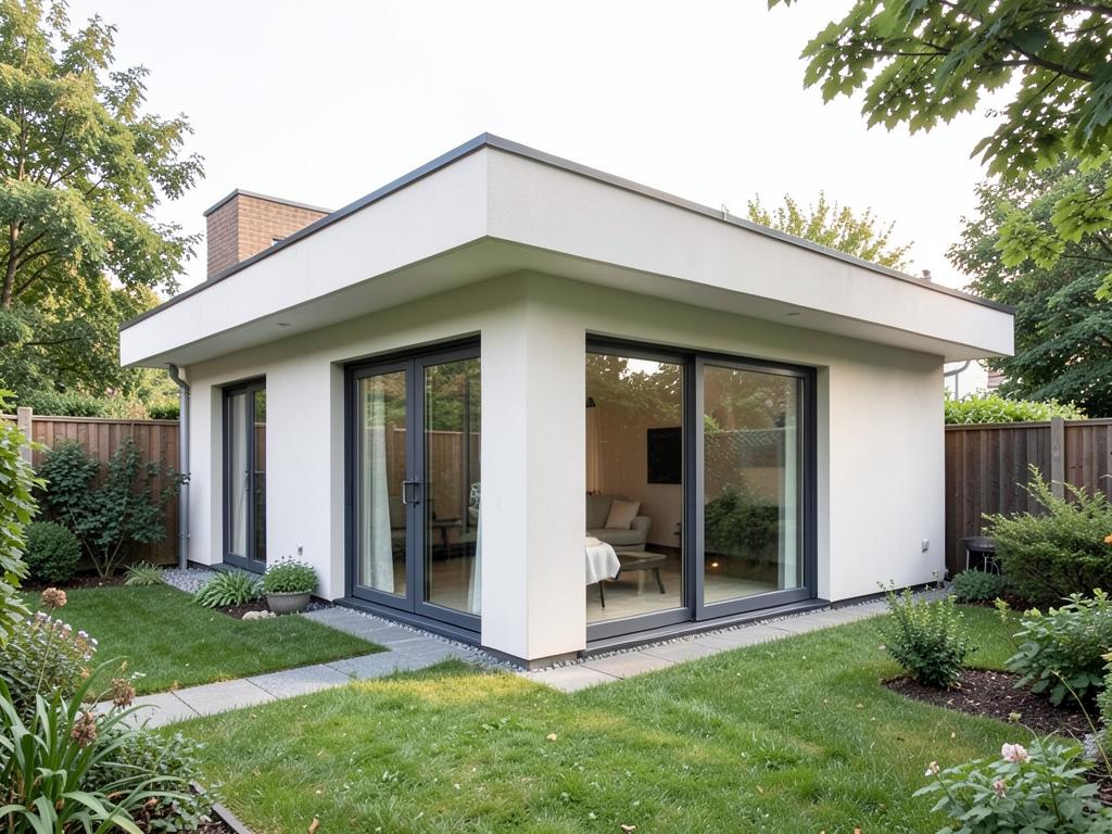 Moderne uitbouw met plat dak en grote glazen schuifpui aan de tuinzijde